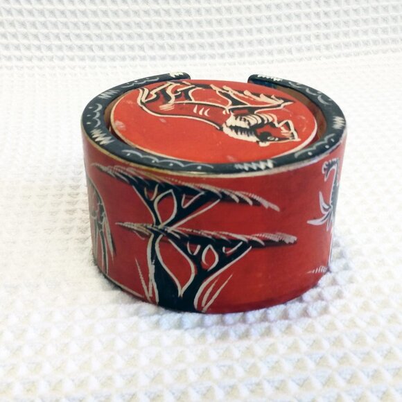 African Animals Hand Carved Kisii Soapstone Coasters-Set of 6-Black/Red/White - Picture 6 of 11